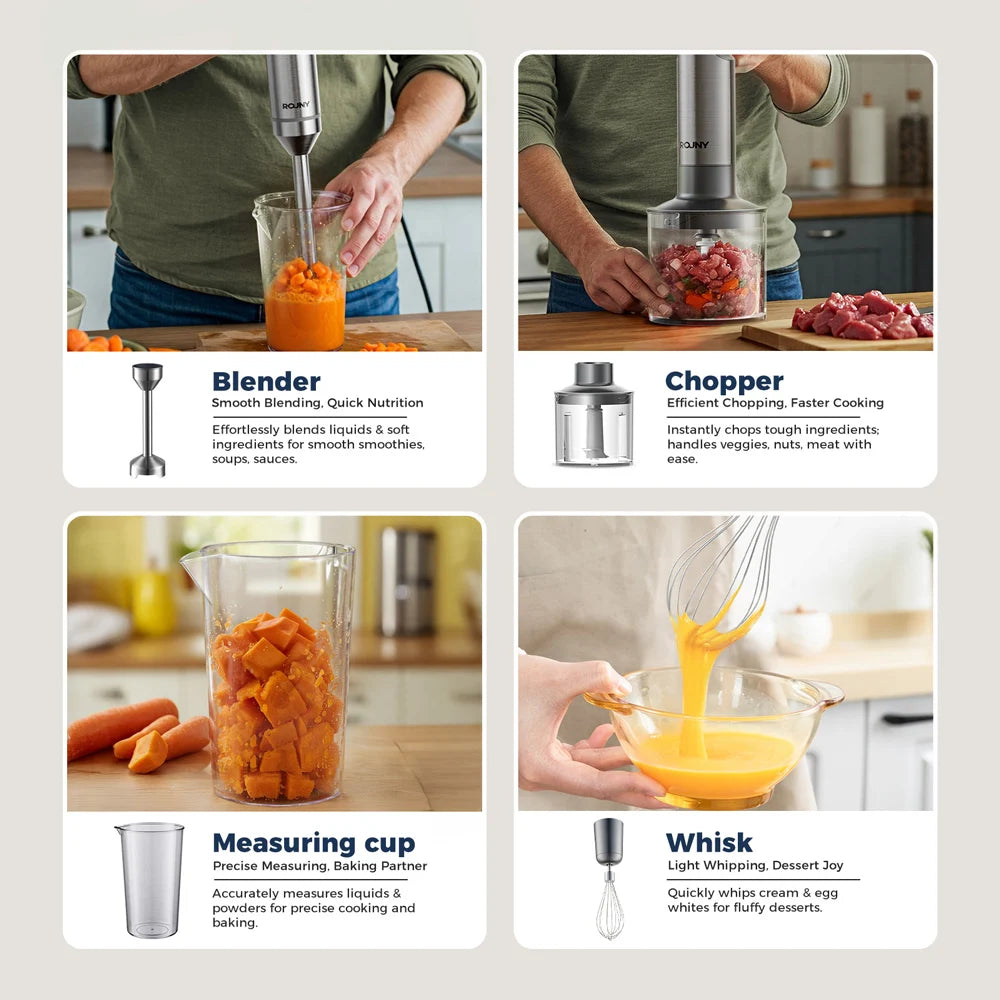 Hand Immersion Blender Powerful 4-in-1,Stainless Steel Stick Food Mixer,700ml Mixing Beaker,500ml Processor,Whisk, 1200W MAX