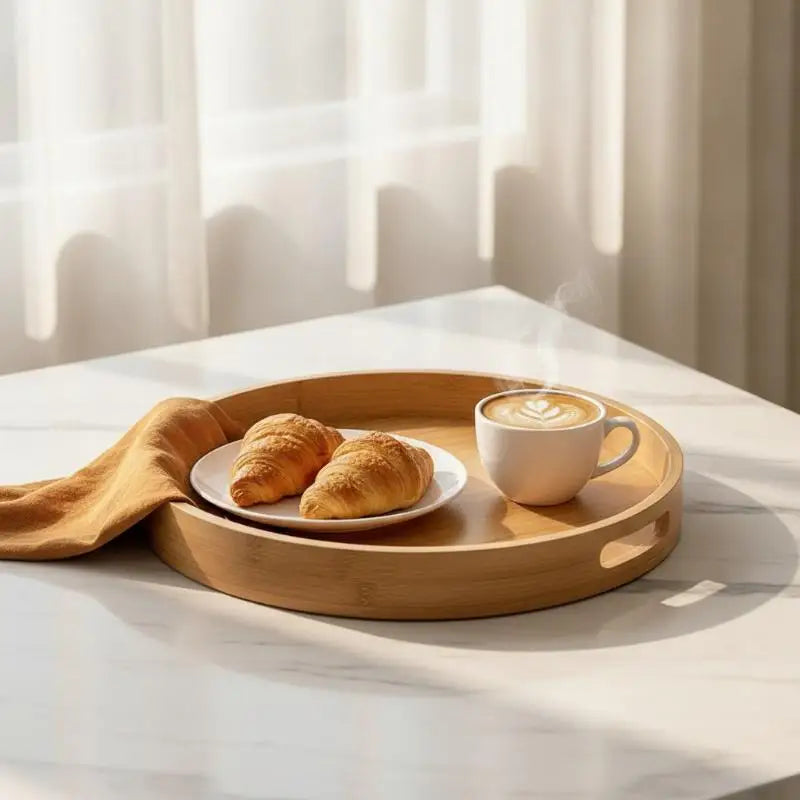 Round Bamboo Tray Wooden With Handle Tea Food Tray 25/30/35/40CM Serving Tray Breakfast Dinner
