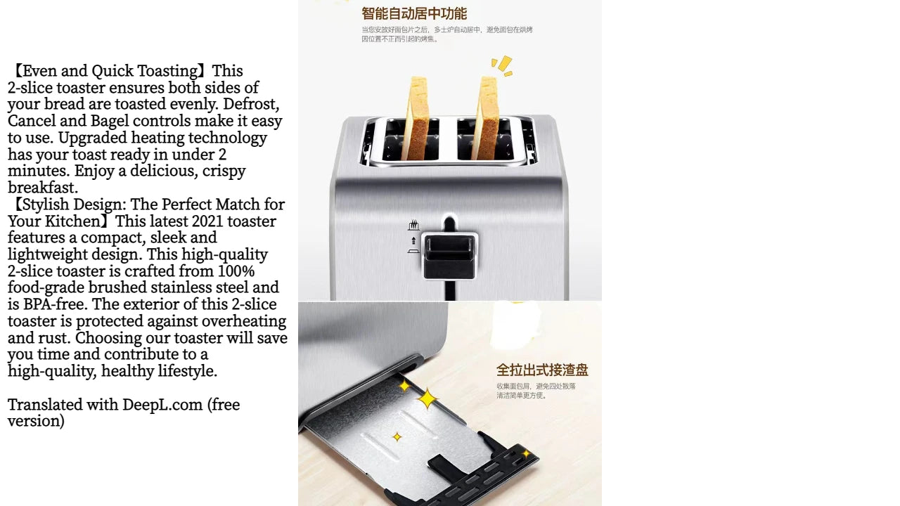 Stainless Steel Toaster – Household Appliance 2-slice Sandwich Toaster Rapid Heating; Portable Automatic Pop-up; Multi-function
