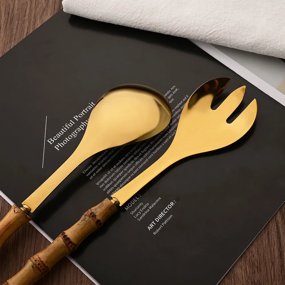 2Pcs Silver Dinnerware Cutlery 304 Stainless Steel Wood Bamboo Handle Food Serving Salad Spork Server Fork Spoon Tableware Set