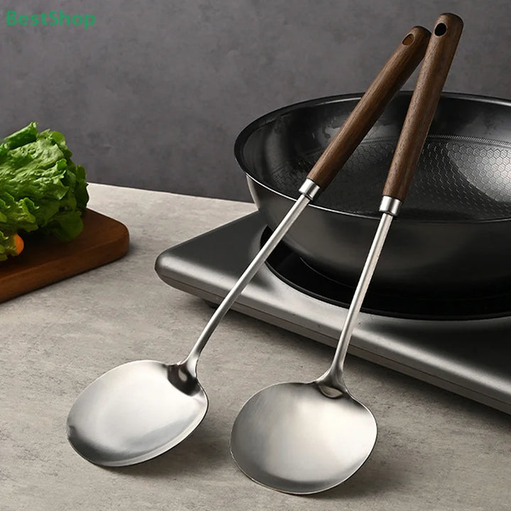 Stainless Steel Wok Spatula Chef-specific Cooking Spoon Wooden Long Handle Mushroom Shovel Kitchen Cooking Utensils