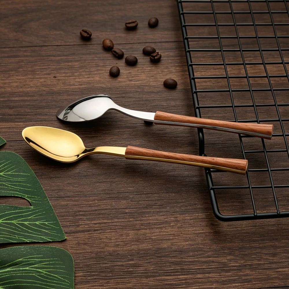 4Pcs Dinnerware Sets Stainless Steel Flatware Imitation Wooden Handle Cutlery Clamp Western Tableware Knife Fork Tea Spoon