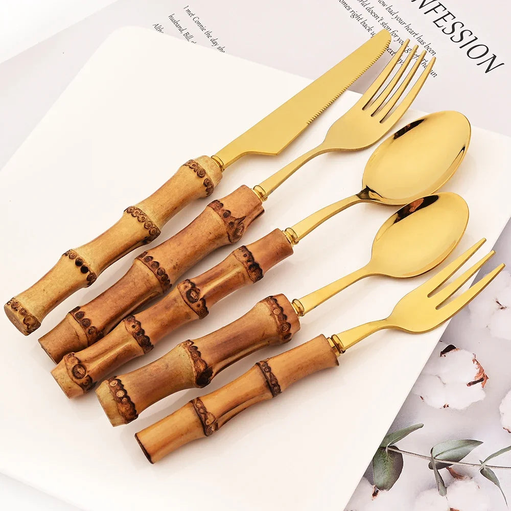 304 Stainless Steel Dinnerware Bamboo Silver 4/6/10Pcs Tea Fork Cutlery Set Western Fruit Cake Fork Tableware Home Flatware Set