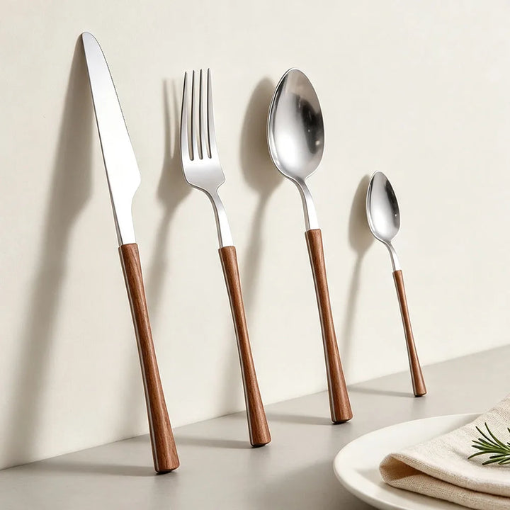 4Pcs Dinnerware Sets Stainless Steel Flatware Imitation Wooden Handle Cutlery Clamp Western Tableware Knife Fork Tea Spoon