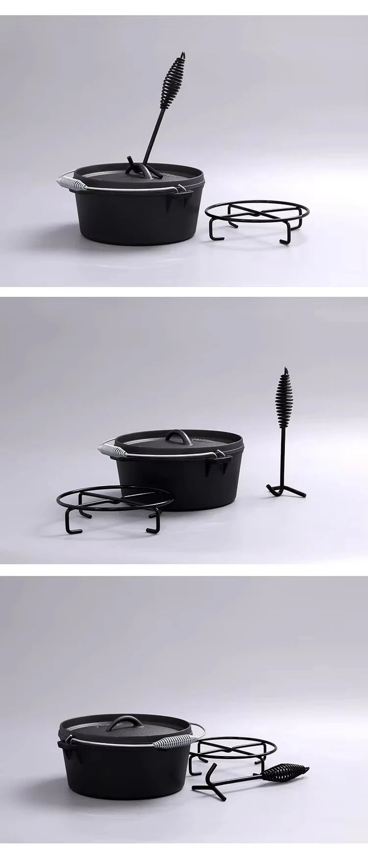 Cast Iron Dutch Pot Uncoated Thickened Camping Saucepan Handle Holder BBQ Pot Crock Pot Soup Stew