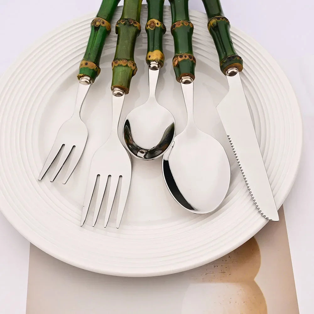 5Pcs Natural Green Bamboo Handle Cutlery Set 304 Stainless Steel Tableware Set Knife Fork Spoon Dinnerware Kitchen Flatware