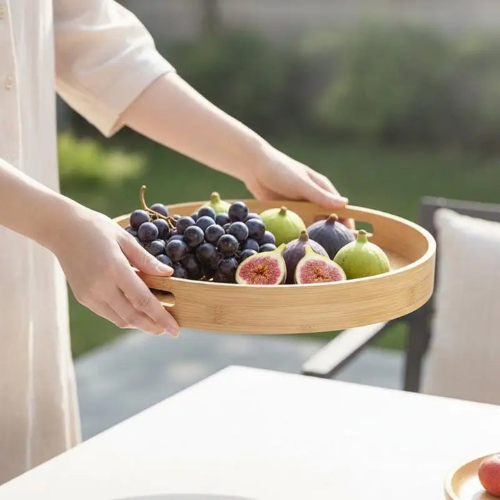 Round Bamboo Tray Wooden With Handle Tea Food Tray 25/30/35/40CM Serving Tray Breakfast Dinner