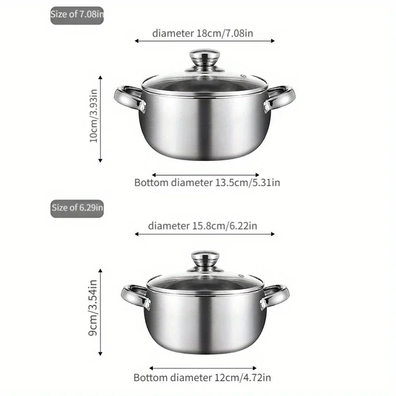 3pcs Stainless Steel Cookware Set with Lids - Induction Compatible, Thick Walls for Even Heating, Dual Handles & Covers ，