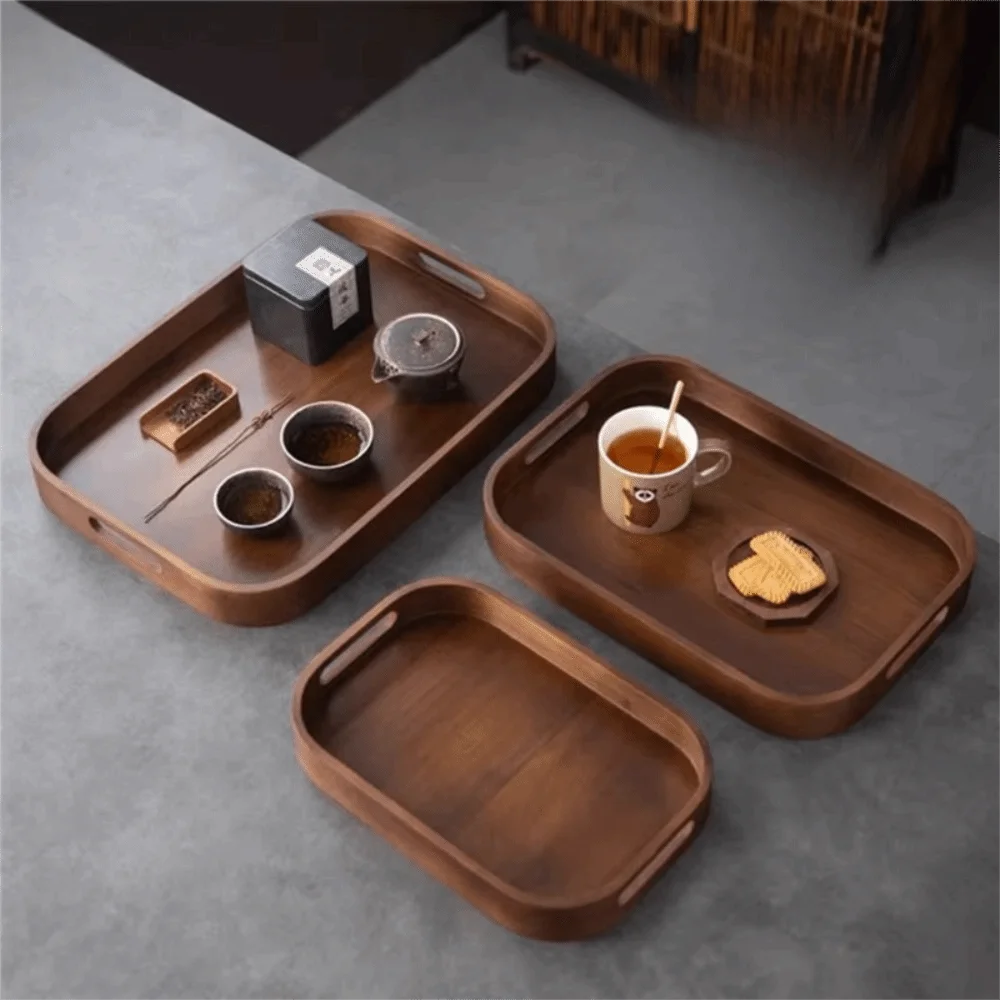 Simple Rectangular Walnut Tea Tray Hollowed-out Handle Polished Breakfast Serving Tray Vintage Tea Serving Plate Coffee Shop