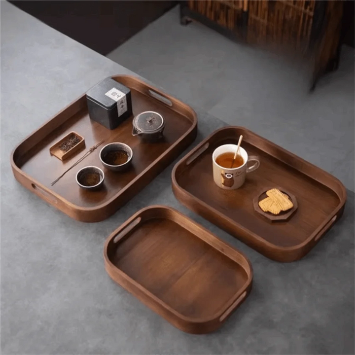 Simple Rectangular Walnut Tea Tray Hollowed-out Handle Polished Breakfast Serving Tray Vintage Tea Serving Plate Coffee Shop