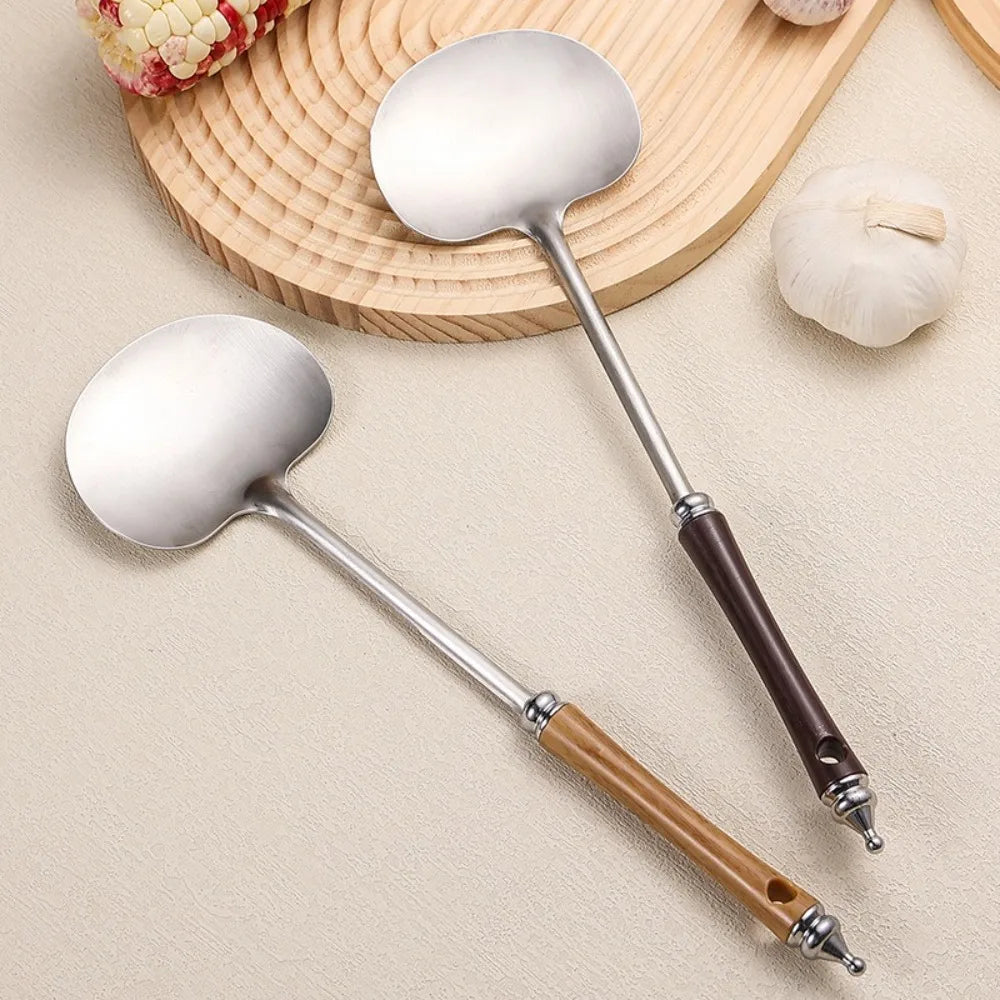 Stainless Steel Wok Spatula Long Wooden Handle Kitchen Utensils Chef-specific Mushroom Shovel Kitchen Accessories Essentials