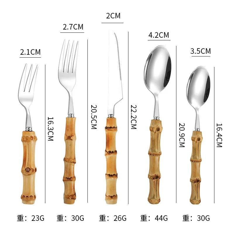 20Pcs Silver Bamboo Handle Cutlery Set 304 Stainless Steel Dinnerware Set Knife Dessert Fork Spoon Tableware Kitchen Flatware