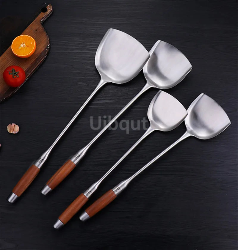 big long spatula shovel chef cooking cocina utensilios blade Kitchen Utensil Wooden Handle Stainless Steel Turner Soup Spoon wok