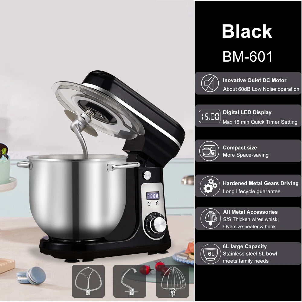 BioloMix 1200W Kitchen Stand Mixer with 6L Capacity Quiet DC Motor 6-Speed Functions for Blending Whisking And Kneading