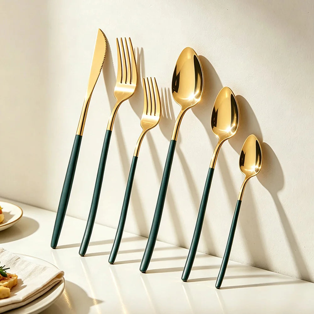 6Pcs Stainless Steel Dinnerware Set Black Cutlery Spoon Fork Knife Western Cutleri Silverware Flatware Tableware Supplies