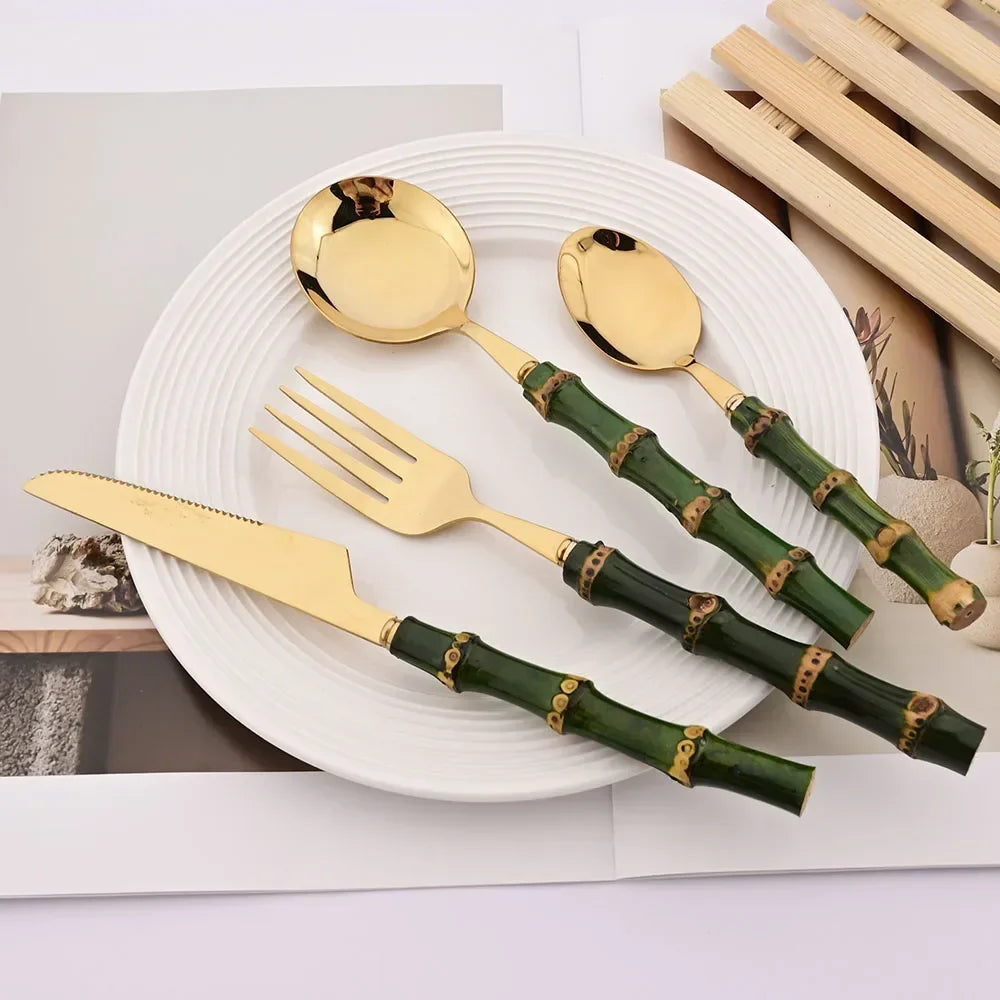 5Pcs Natural Green Bamboo Handle Cutlery Set 304 Stainless Steel Tableware Set Knife Fork Spoon Dinnerware Kitchen Flatware