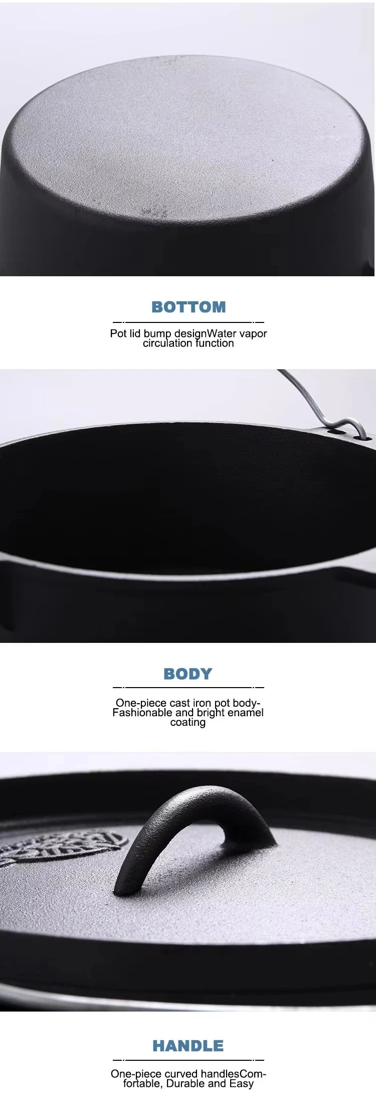 Cast Iron Dutch Pot Uncoated Thickened Camping Saucepan Handle Holder BBQ Pot Crock Pot Soup Stew