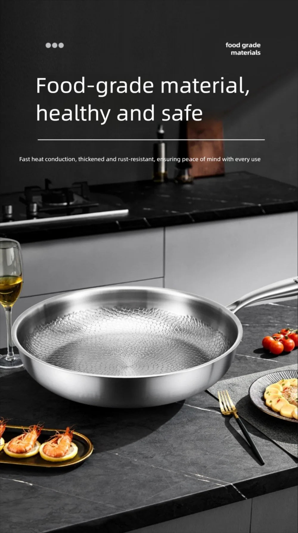 26/28/30/32cm Titanium Frying Pan Uncoated Non Stick Steak Frying Pan Thickened Fish Scale Hammer Pattern Kitchen Cookware