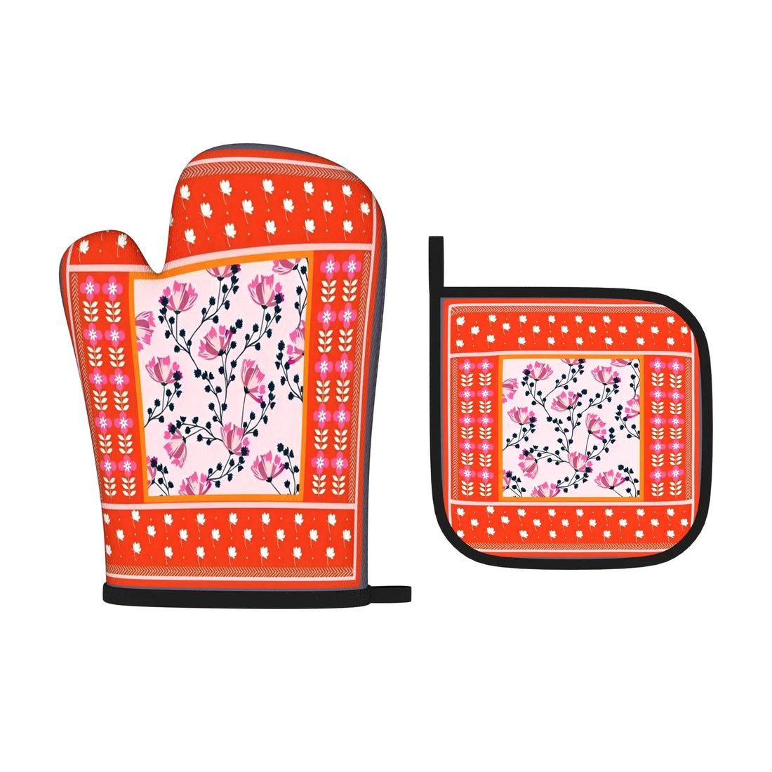 Spring Floral & Leaf Design Oven Mitts and Pot Holders 2pcs Set Heat Resistant for BBQ Cooking Baking
