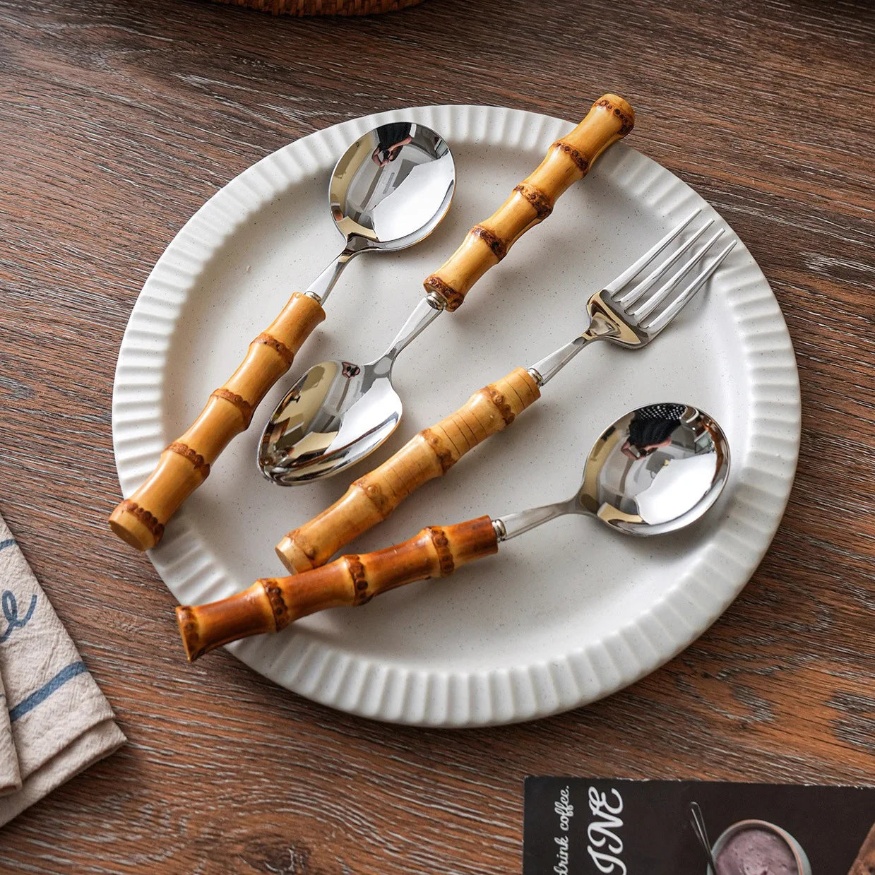 20Pcs Silver Bamboo Handle Cutlery Set 304 Stainless Steel Dinnerware Set Knife Dessert Fork Spoon Tableware Kitchen Flatware