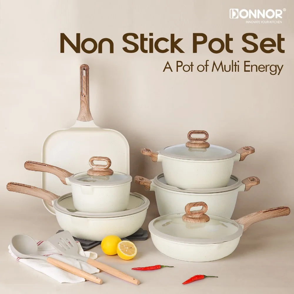 DONNOR Ceramic Cookware Sets Pots and Pans Set Nonstick  Induction Cookware Kitchen Cooking Set with Frying Pans Set