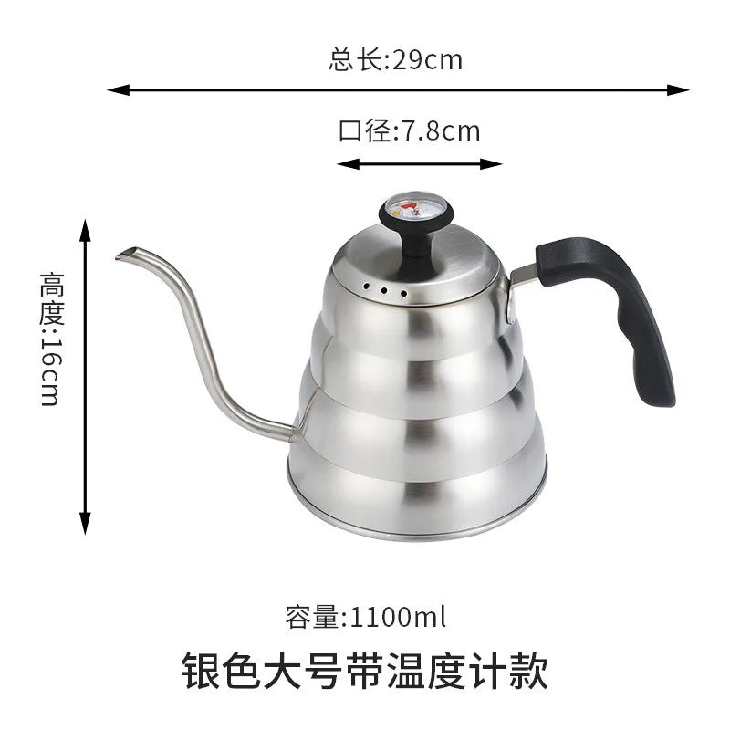 Black Goose Beak Kettle 1.0L Stainless Steel Coffee Pot with Gooseneck Thin Mouth Thermometer for Espresso Coffee Making