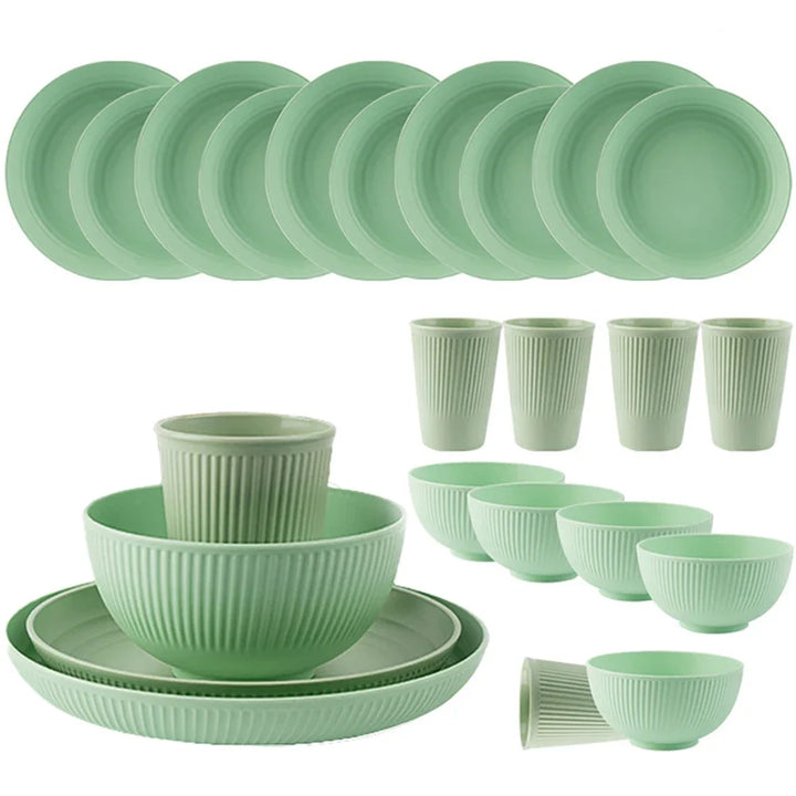24Pcs Wheat Straw Dinnerware Set for 4: Plates, Bowls, Cups. Unbreakable Plastic for Kitchen & Outdoor Camping