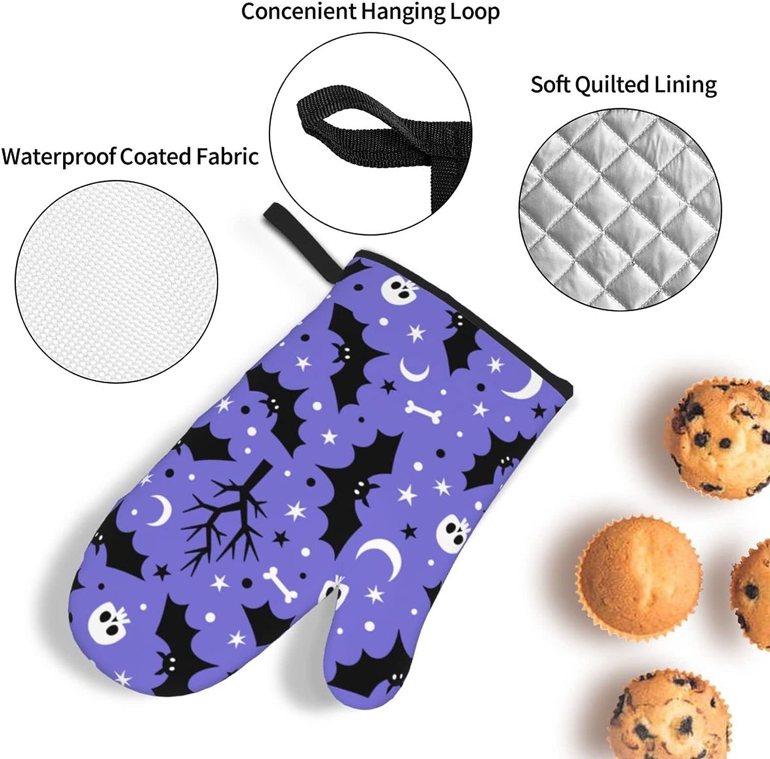 Oven Mitts and Pot Holders Sets 4 Piece Halloween Bat Skull Moon Star Oven Gloves Heat Resistant Non-Slip for Kitchen Cooking