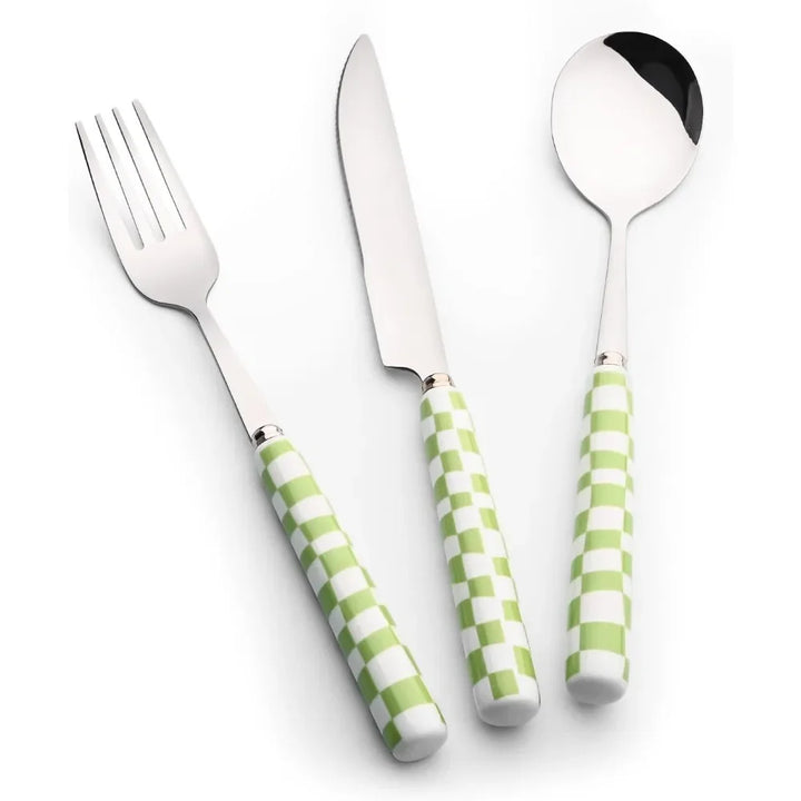 3-Piece Cutlery Set, Stainless Steel Flatware Sets with Checkerboard Pattern Ceramic Handle Utensils Including Knife Fork Spoon