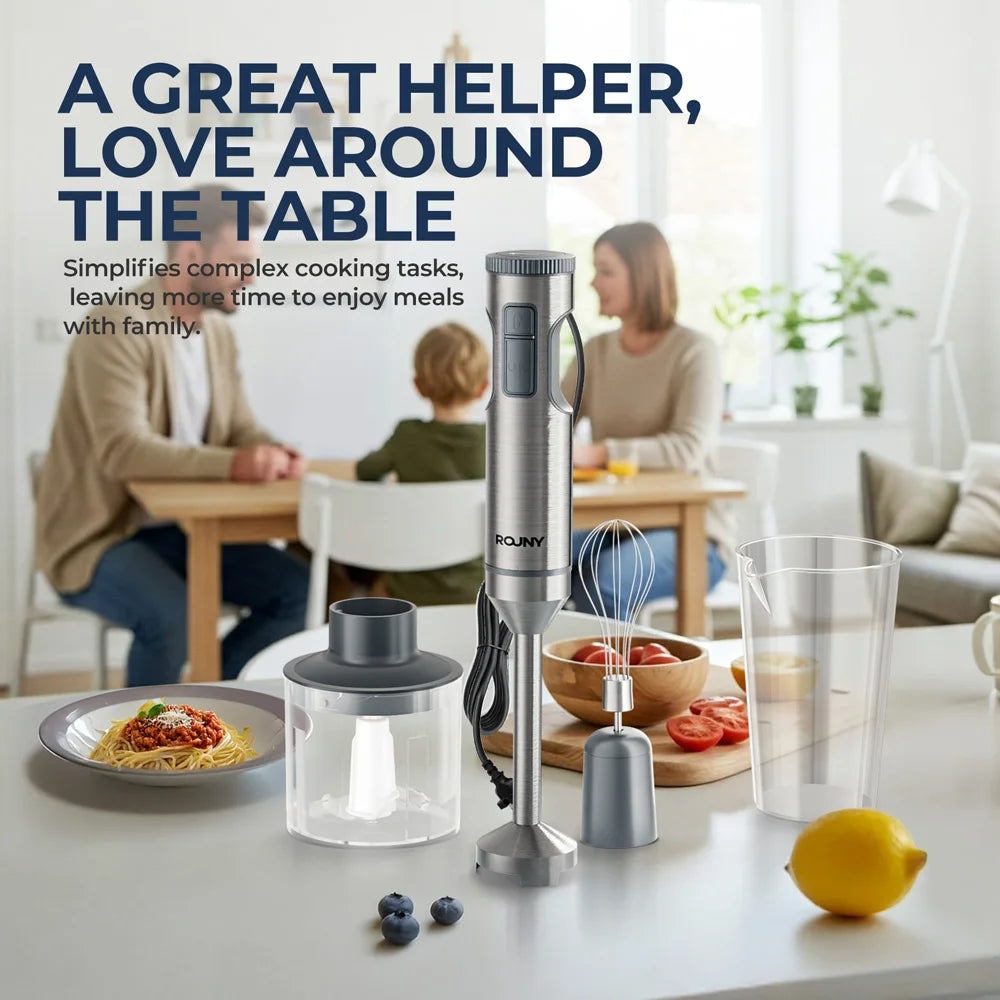 ROUNY 4-in-1 Hand Immersion Blender 1000W Powerful, Stainless Steel Stick Food Mixer,700ml Mixing Beaker,500ml Processor, Whisk