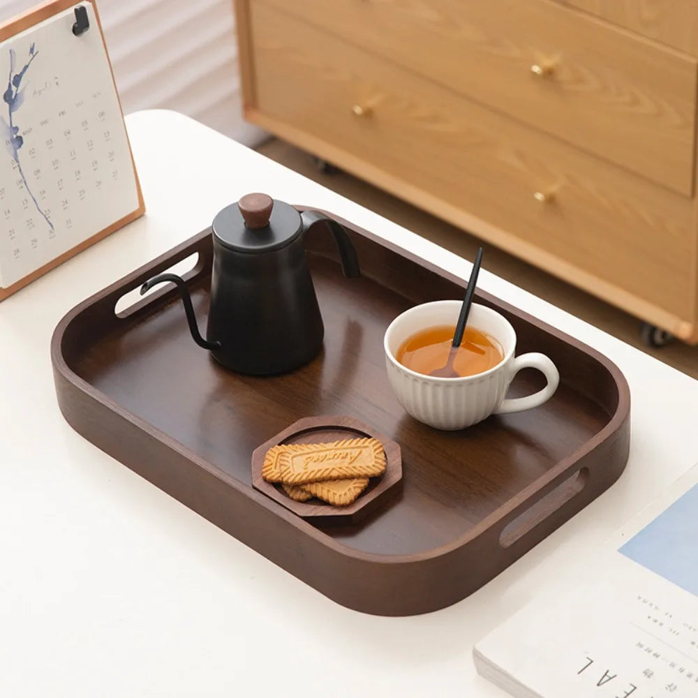 Simple Rectangular Walnut Tea Tray Hollowed-out Handle Polished Breakfast Serving Tray Vintage Tea Serving Plate Coffee Shop