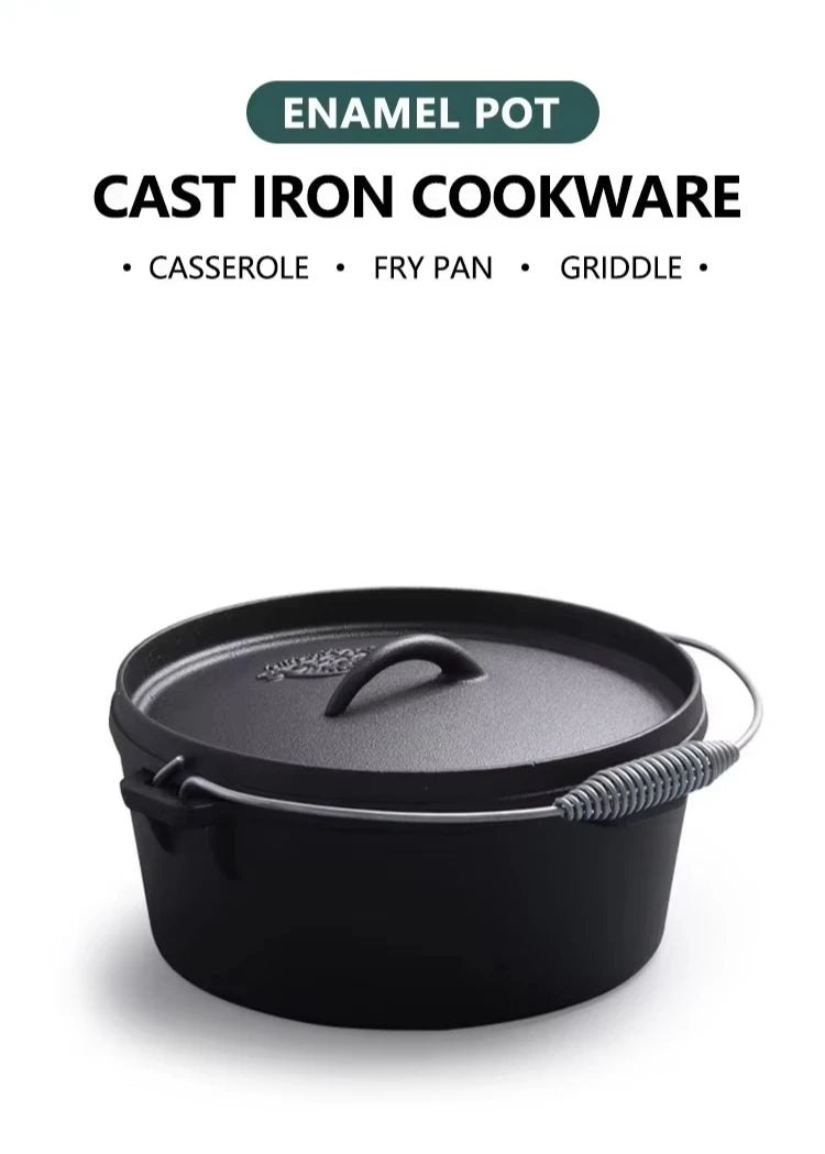 Cast Iron Dutch Pot Uncoated Thickened Camping Saucepan Handle Holder BBQ Pot Crock Pot Soup Stew