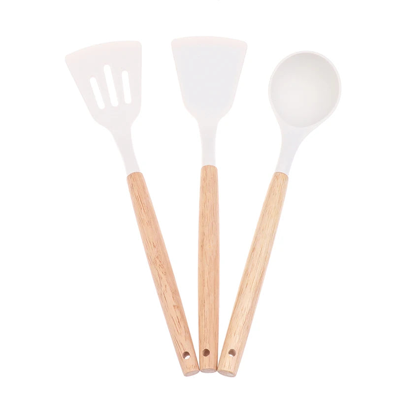 ♥Silicone Kitchen Utensil Set with Wooden Handles - Heat Resistant Spatula and Ladle for Nonstick Cookware