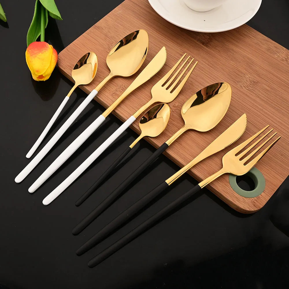 6Pcs Stainless Steel Dinnerware Set Black Cutlery Spoon Fork Knife Western Cutleri Silverware Flatware Tableware Supplies