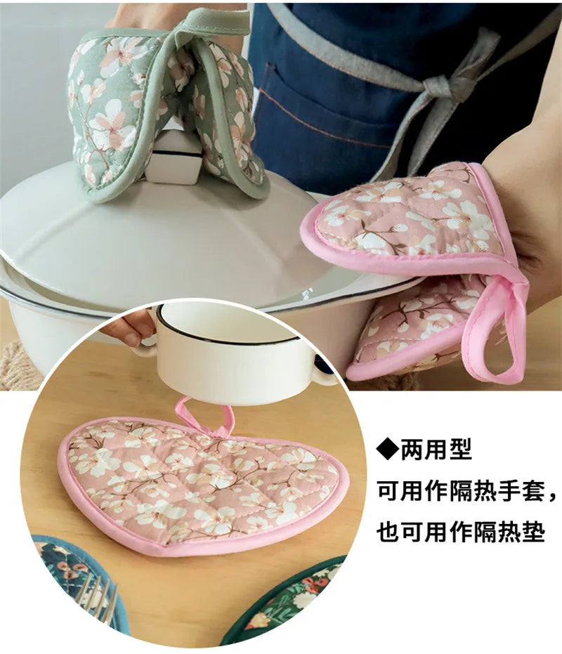 Bakeware Oven Mitts Kitchen Hot Resistant Heart-shaped Hand Clip Insulation Pad Flower Cotton Printed Baking Oven Gloves