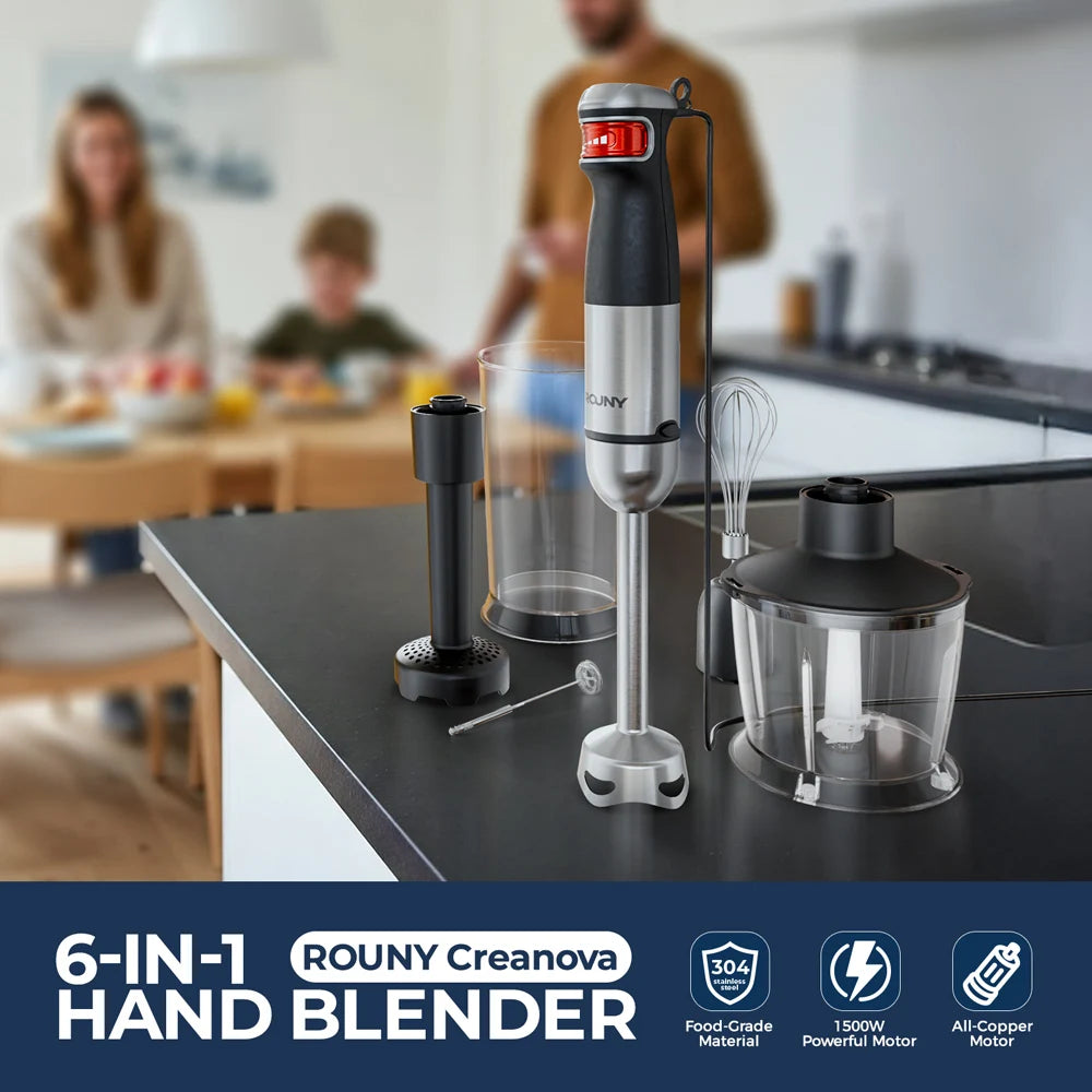 6-in-1 Multi-Purpose Immersion Hand Blender 1500W MAX, Electric Hand Held Stick Blender Stainless Steel Blades,Home & Kitchen