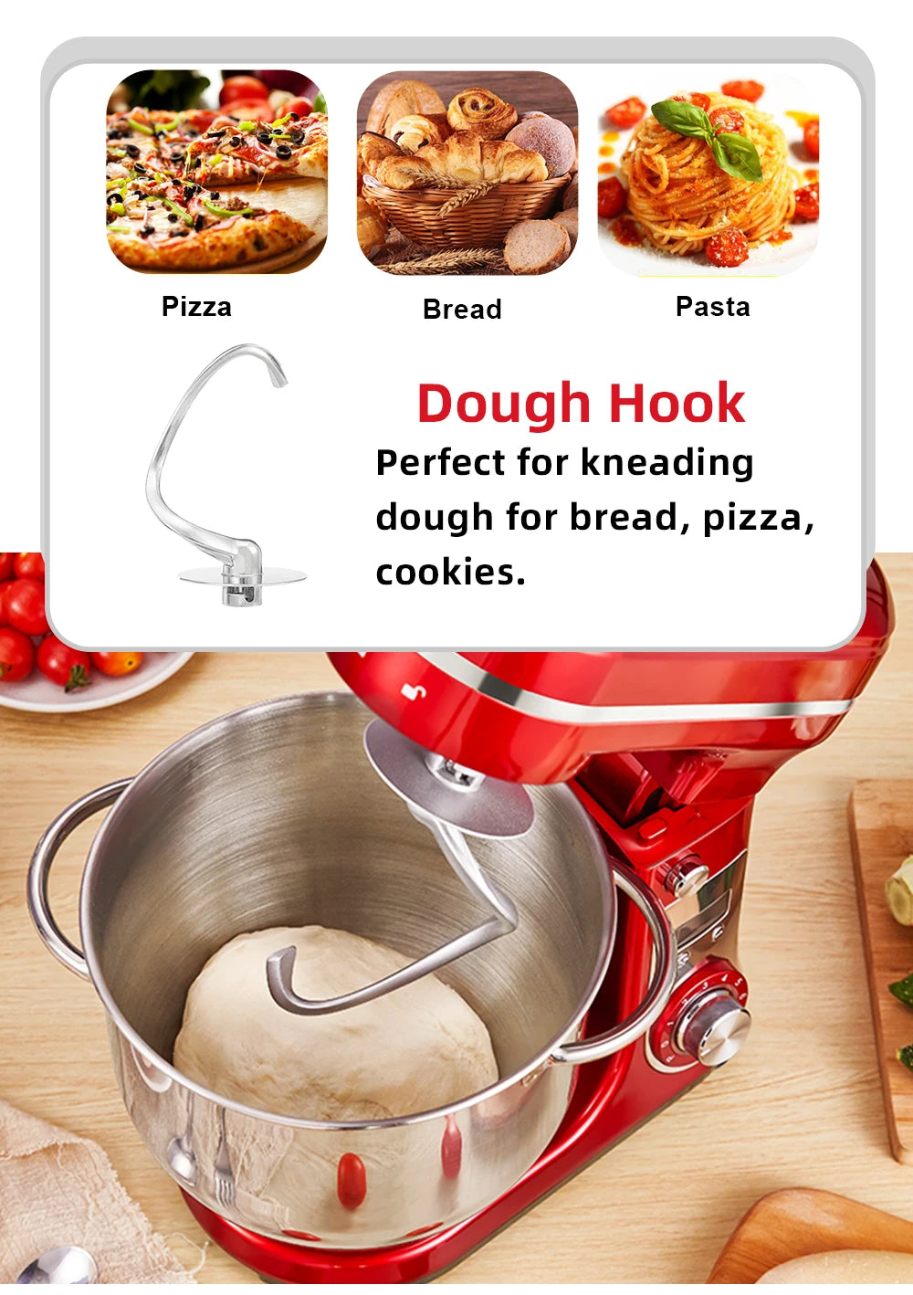 BioloMix 1200W Kitchen Stand Mixer with 6L Capacity Quiet DC Motor 6-Speed Functions for Blending Whisking And Kneading