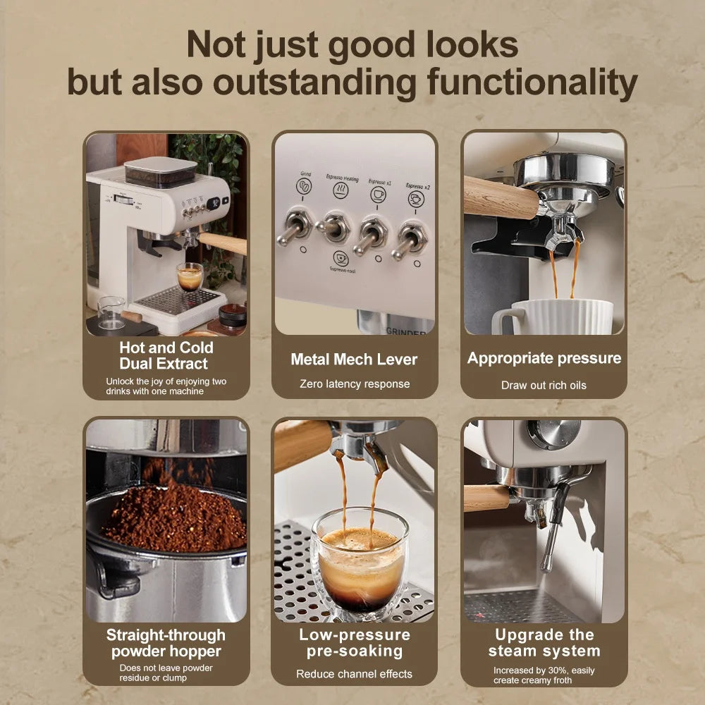 Semi-Automatic Espresso Machine with Built-in Grinder, Hot & Cold Dual Brew System with Steam Milk Frother, Compact Home Barista