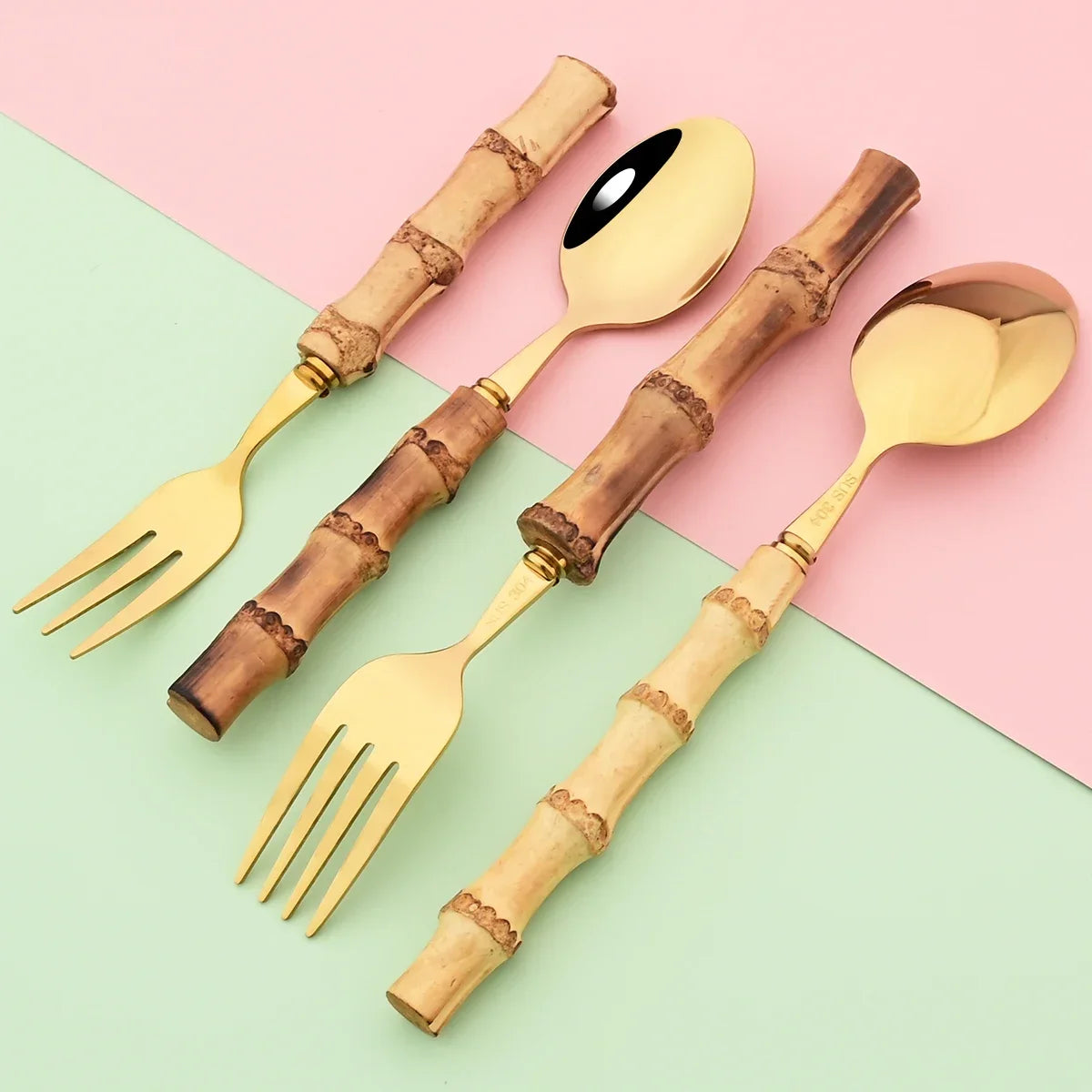 20Pcs Silver Bamboo Handle Cutlery Set 304 Stainless Steel Dinnerware Set Knife Dessert Fork Spoon Tableware Kitchen Flatware