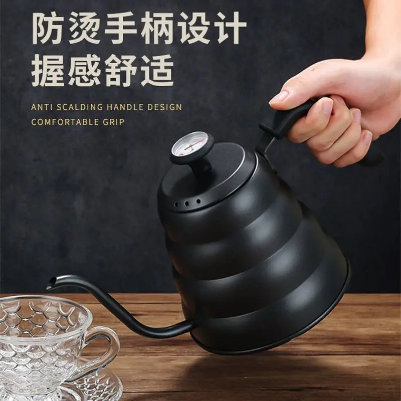 Black Goose Beak Kettle 1.0L Stainless Steel Coffee Pot with Gooseneck Thin Mouth Thermometer for Espresso Coffee Making