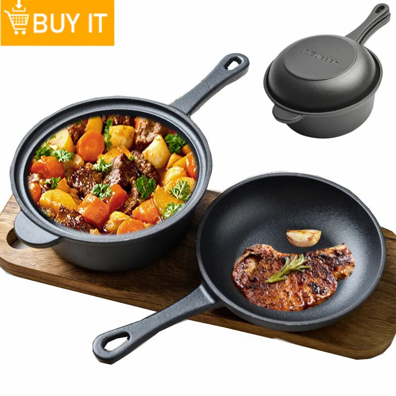 2-in-1 Pre-Seasoned Cast Iron Dutch Oven Pot 10" Deep Pot And Frying Pan For Cooking Baking Bread 3QT Skillet Cookware Set