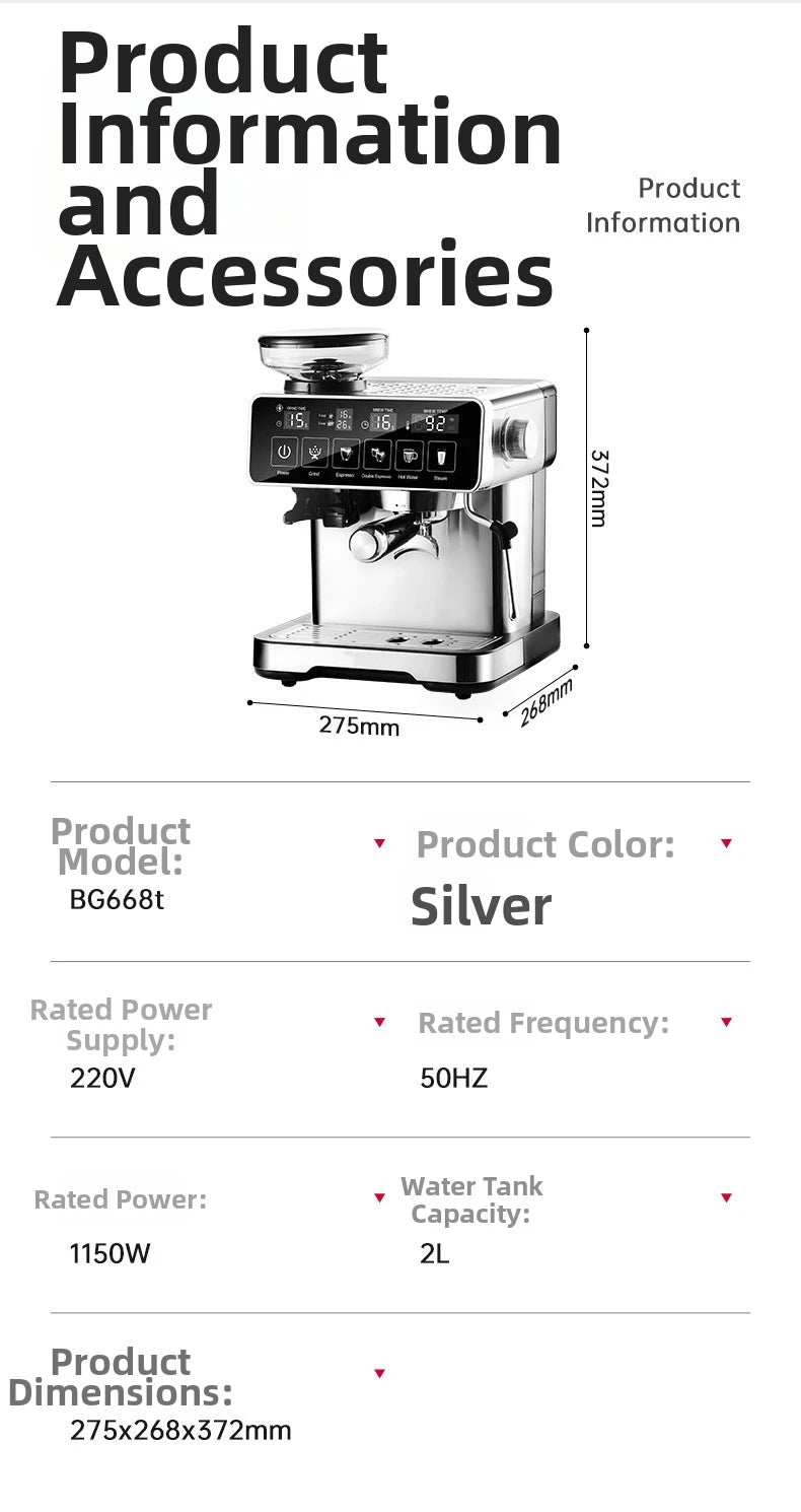 20Bar Espresso Machine with Milk Frother – Fully Automatic Coffee Maker, Built-in Grinder, Smart Touch Screen, for Home/Office
