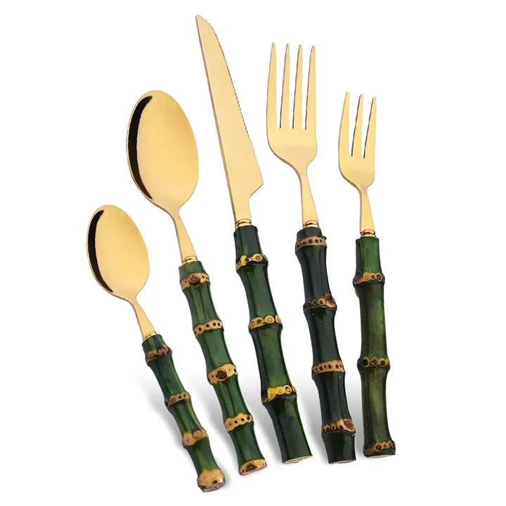 5Pcs Natural Green Bamboo Handle Cutlery Set 304 Stainless Steel Tableware Set Knife Fork Spoon Dinnerware Kitchen Flatware