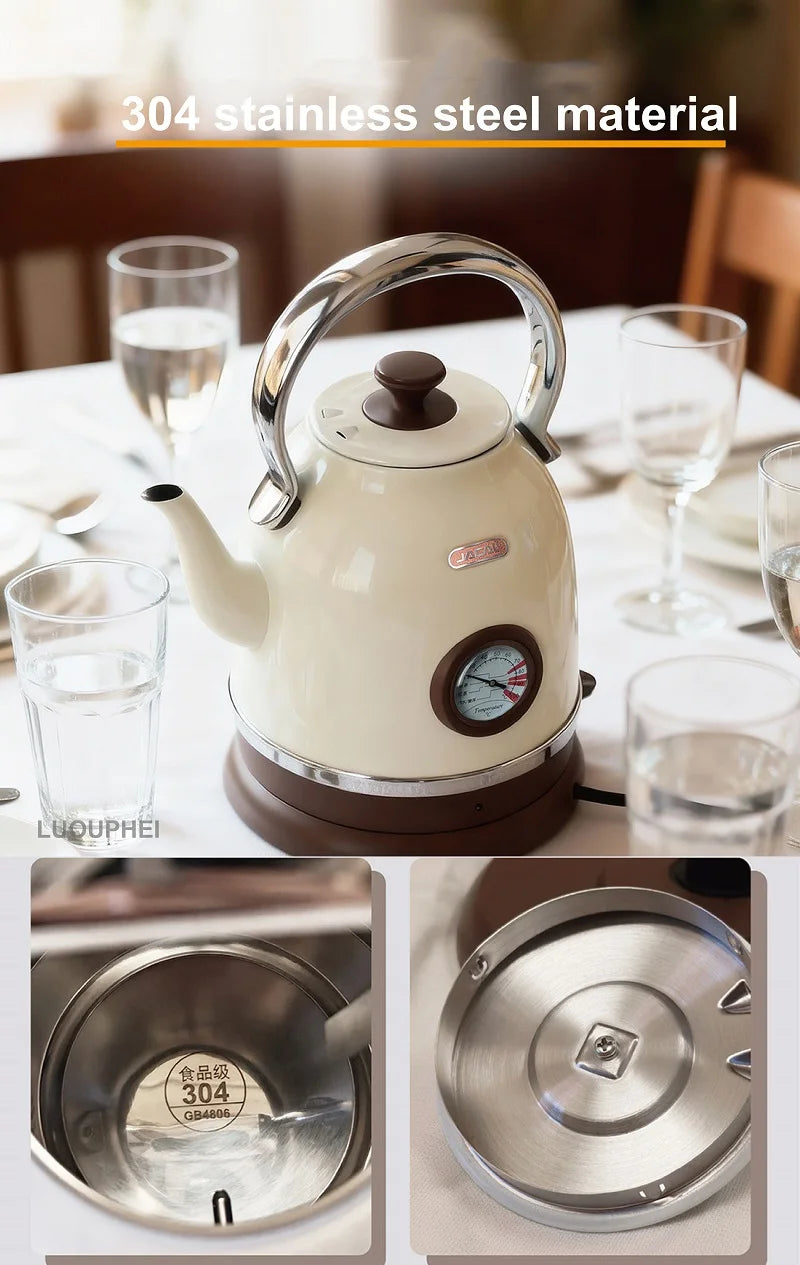 1800W Retro Electric Kettle Household 2L Keep Warm Kettle With Thermometer 304 Stainless Steel Teapot Automatic Power Off