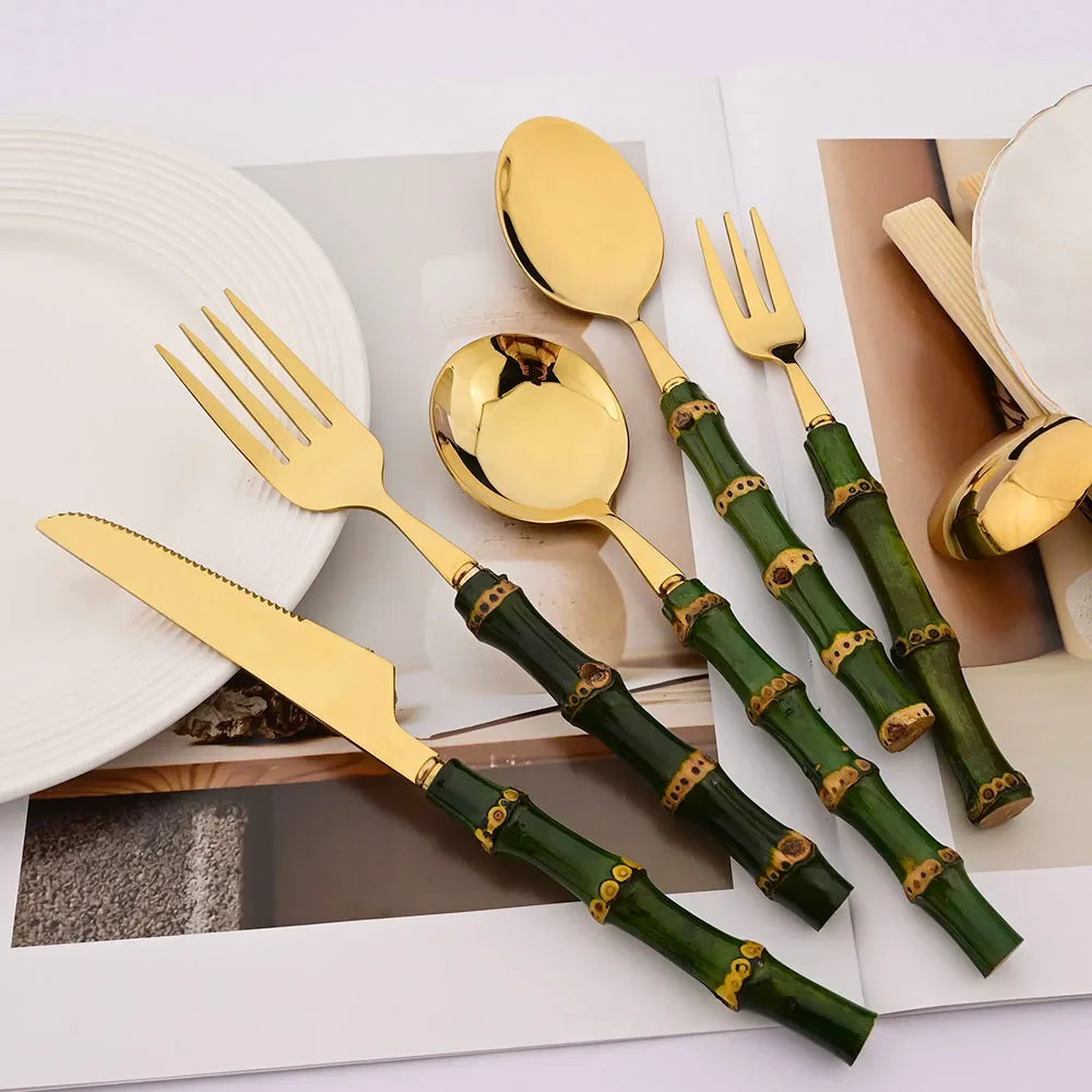 5Pcs Natural Green Bamboo Handle Cutlery Set 304 Stainless Steel Tableware Set Knife Fork Spoon Dinnerware Kitchen Flatware