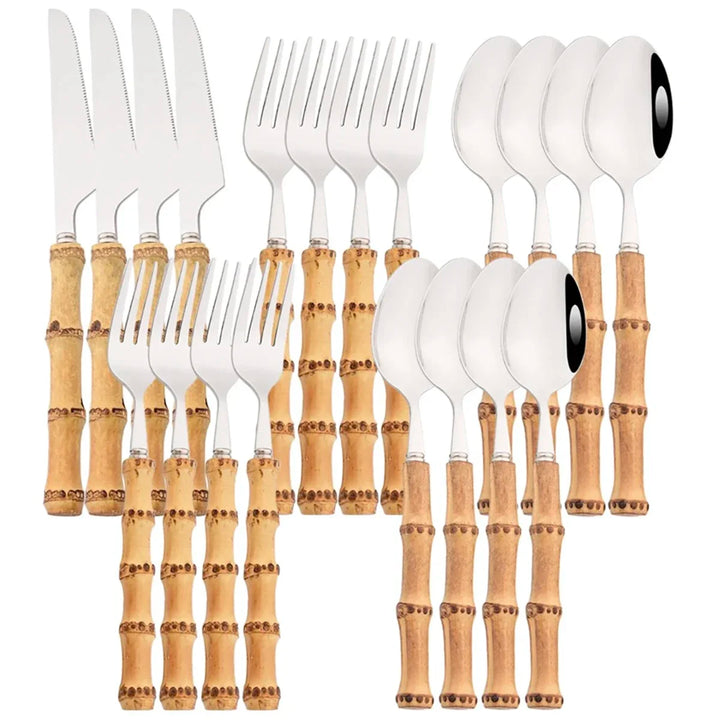 20Pcs Silver Bamboo Handle Cutlery Set 304 Stainless Steel Dinnerware Set Knife Dessert Fork Spoon Tableware Kitchen Flatware