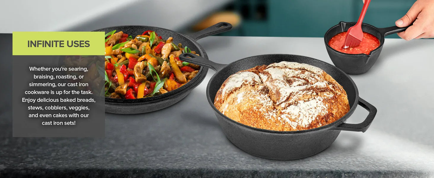 2-in-1 Pre-Seasoned Cast Iron Dutch Oven Pot 10" Deep Pot And Frying Pan For Cooking Baking Bread 3QT Skillet Cookware Set