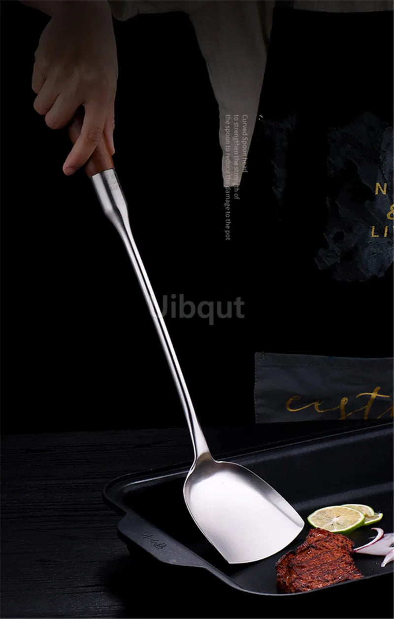 big long spatula shovel chef cooking cocina utensilios blade Kitchen Utensil Wooden Handle Stainless Steel Turner Soup Spoon wok