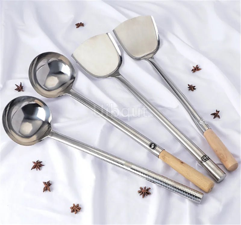 big long spatula shovel chef cooking cocina utensilios blade Kitchen Utensil Wooden Handle Stainless Steel Turner Soup Spoon wok