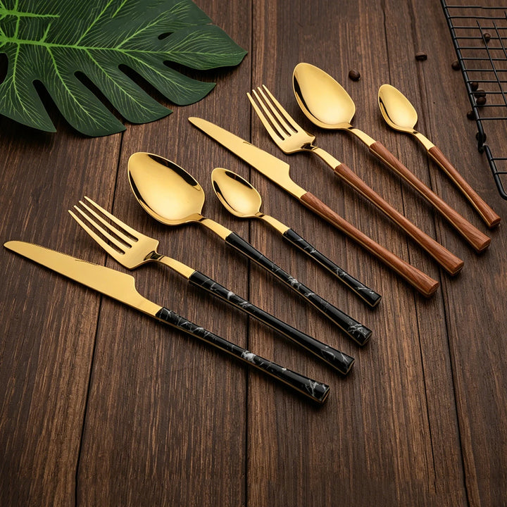 4Pcs Dinnerware Sets Stainless Steel Flatware Imitation Wooden Handle Cutlery Clamp Western Tableware Knife Fork Tea Spoon